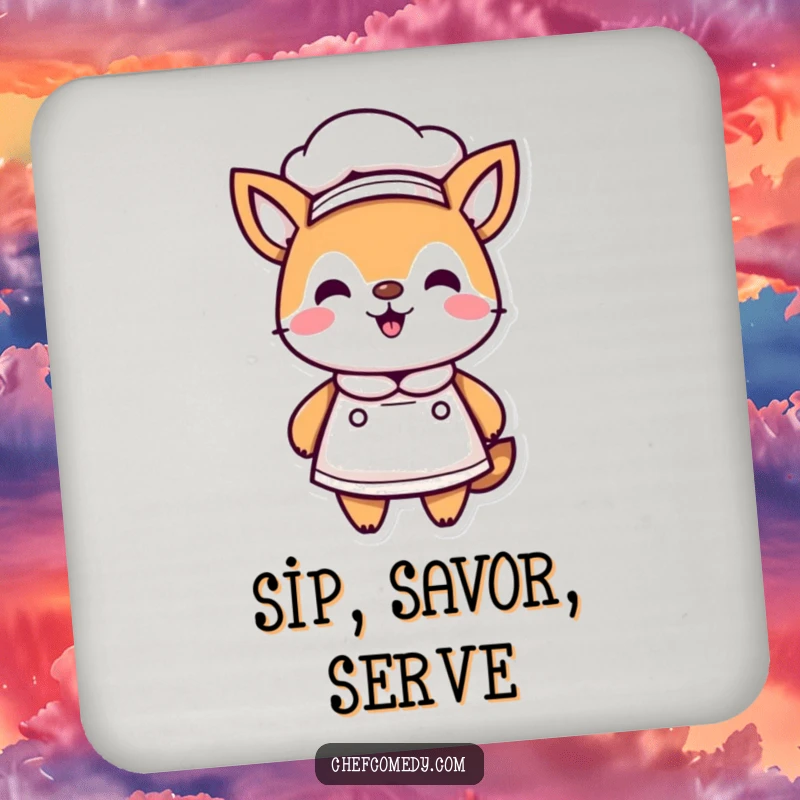 Funny Kawaii Animal Chef Drink Coaster, proudly wearing a chef hat and apron, ideal for protecting surfaces with humorous chef flair.