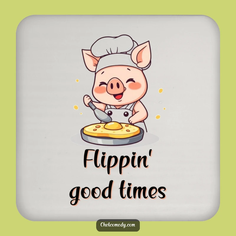 Funny Kawaii Pig Chef Drink Coaster: Pancake Flip Fun, Table Protector