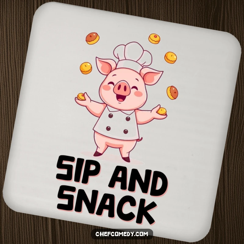 Funny kawaii pig chef drink coaster, a cute pig chef gleefully juggling pastries, adding a touch of baking humor to your surfaces.