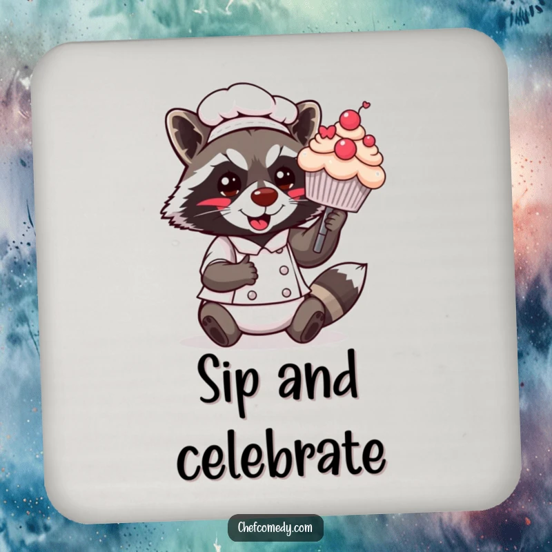 Funny Kawaii Raccoon Chef Drink Coaster: A raccoon chef proudly presents a cupcake, protecting surfaces with sweet and humorous charm.