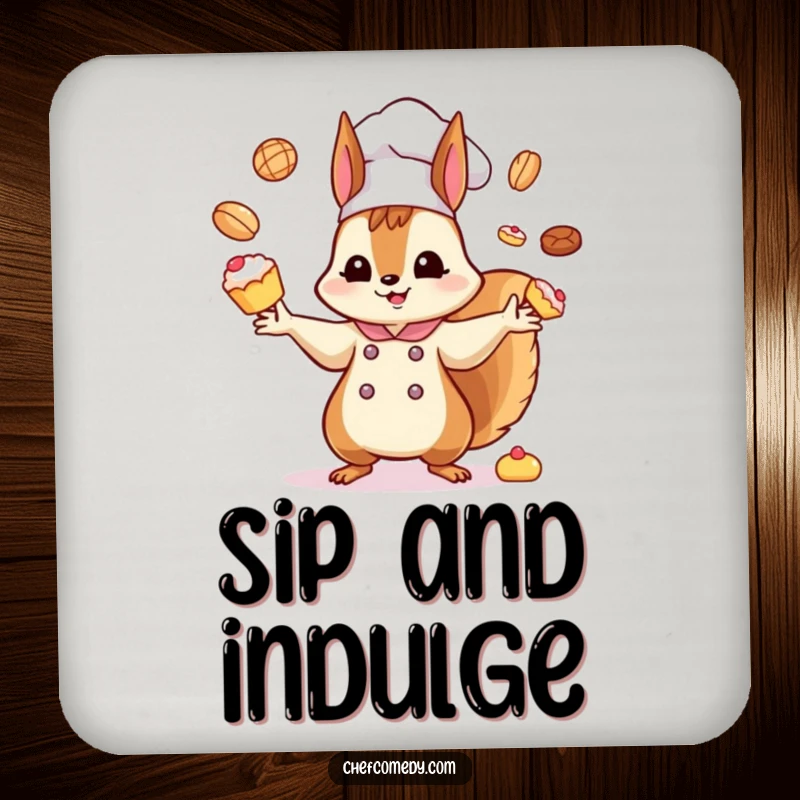 Funny Kawaii Squirrel Chef Drink Coaster: A kawaii squirrel chef humorously juggles tiny pastries, adding a touch of fun to any surface.