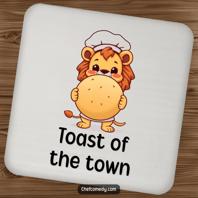 Funny lion chef character proudly presenting a large, round bread loaf on a protective drink coaster, for home bars.