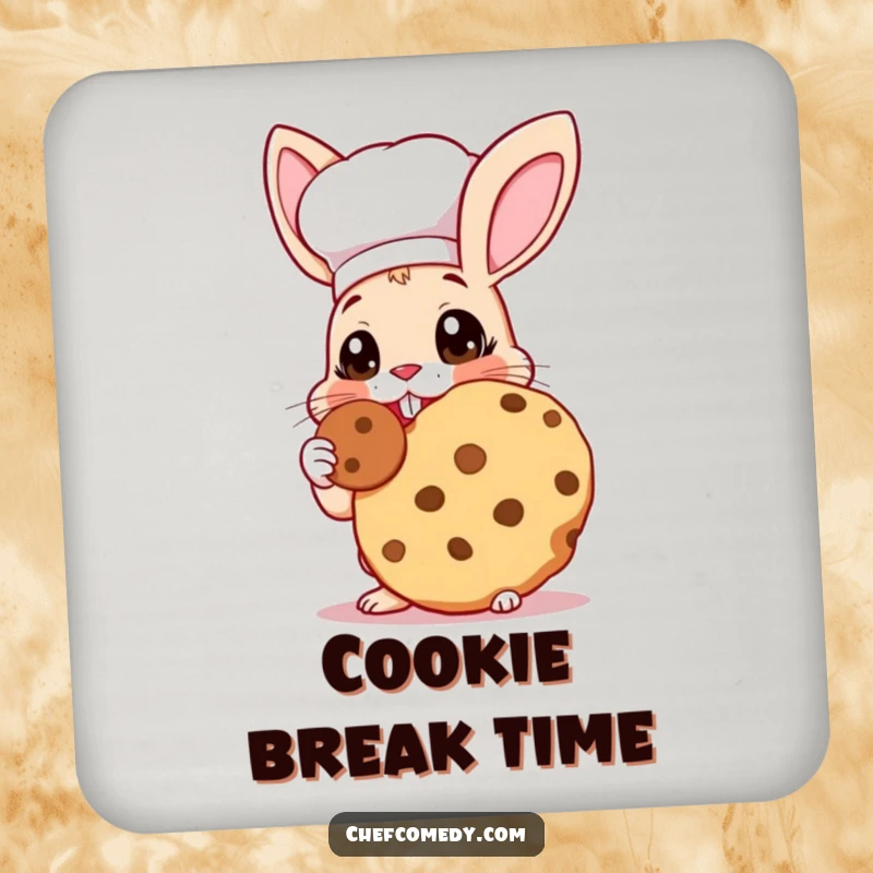 Funny Rabbit Chef Coaster: A rabbit chef with wide eyes happily tasting a giant cookie, protecting surfaces with charm.