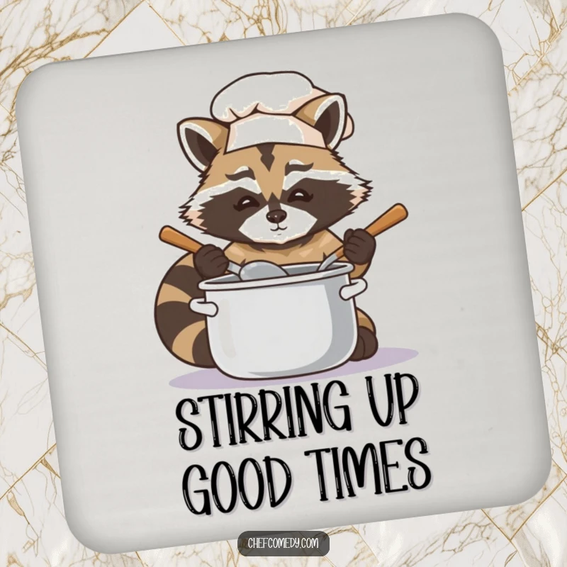 Set of coasters featuring a funny raccoon chef stirring a pot, offering protection with a humorous twist.