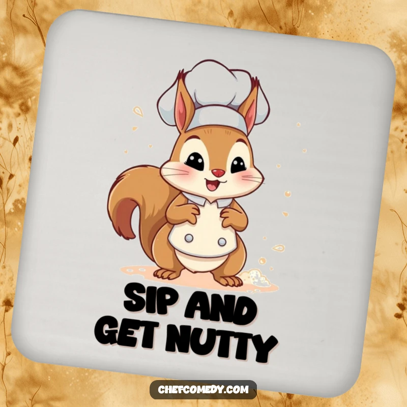 Funny squirrel chef character sprinkling flour, protecting surfaces with these humorous and functional drink coasters.