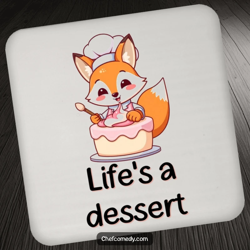 Set of coasters showcasing a funny fox chef frosting a cake, providing practical protection with humor.