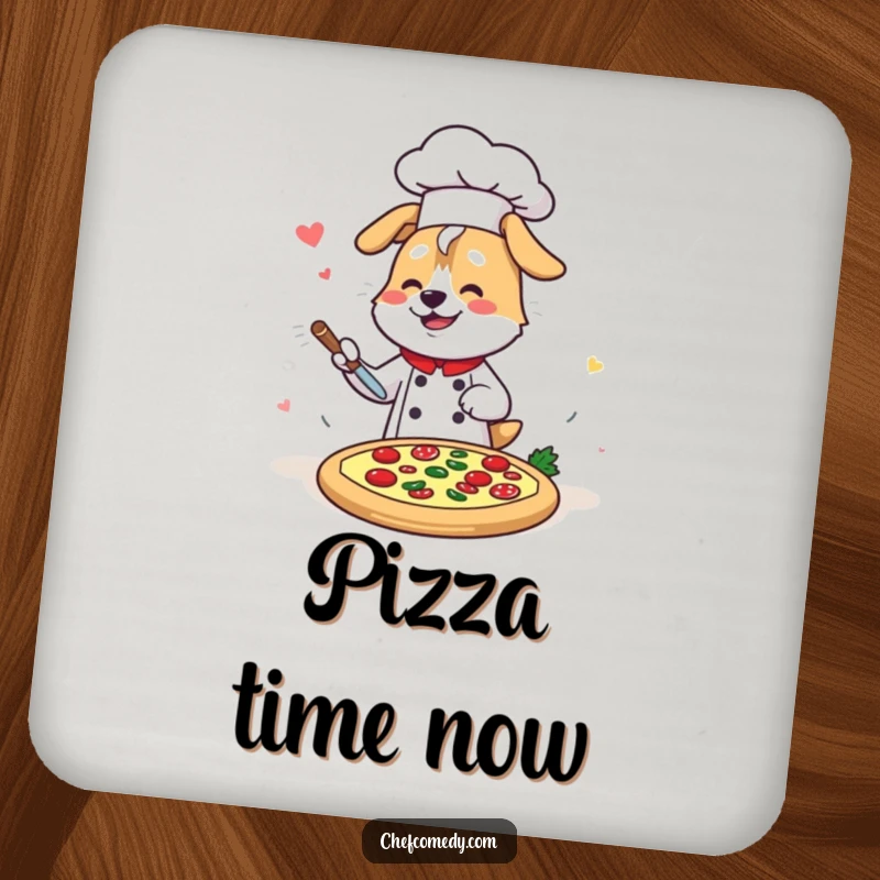 Funny Kawaii Dog Chef Pizza Coaster, a speedy cartoon dog artist decorating a pizza, functional and humorous table protection.