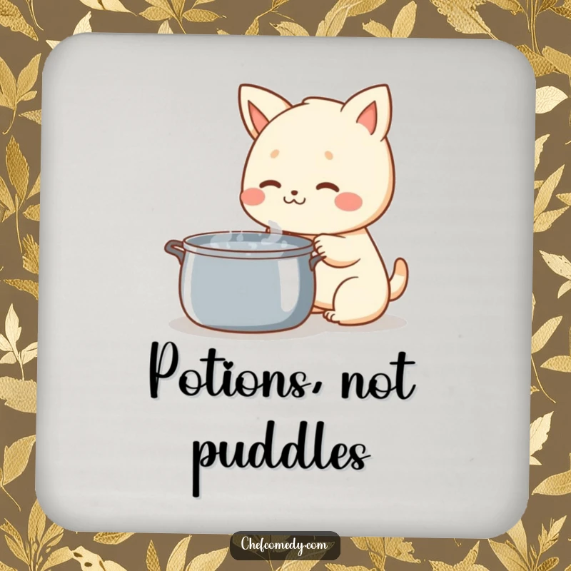 Funny Kawaii Animal Drink Coaster, happily sniffing a steaming pot, protecting surfaces with whimsical culinary-themed humor.