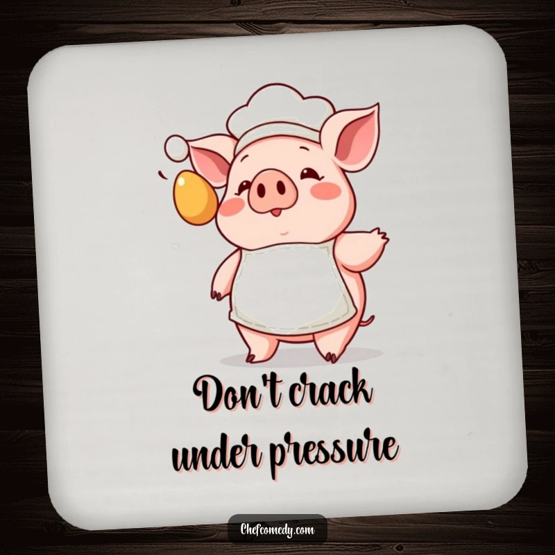 Funny Kawaii Pig Chef Coaster with a tiny apron, showing a surprised pig reacting to a flying egg, protecting surfaces.