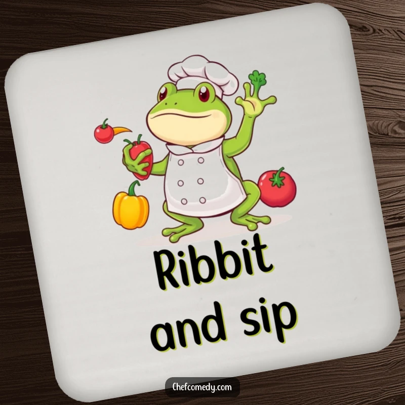 Funny frog chef character juggling vegetables, depicted on protective drink coasters, adding a touch of whimsy.