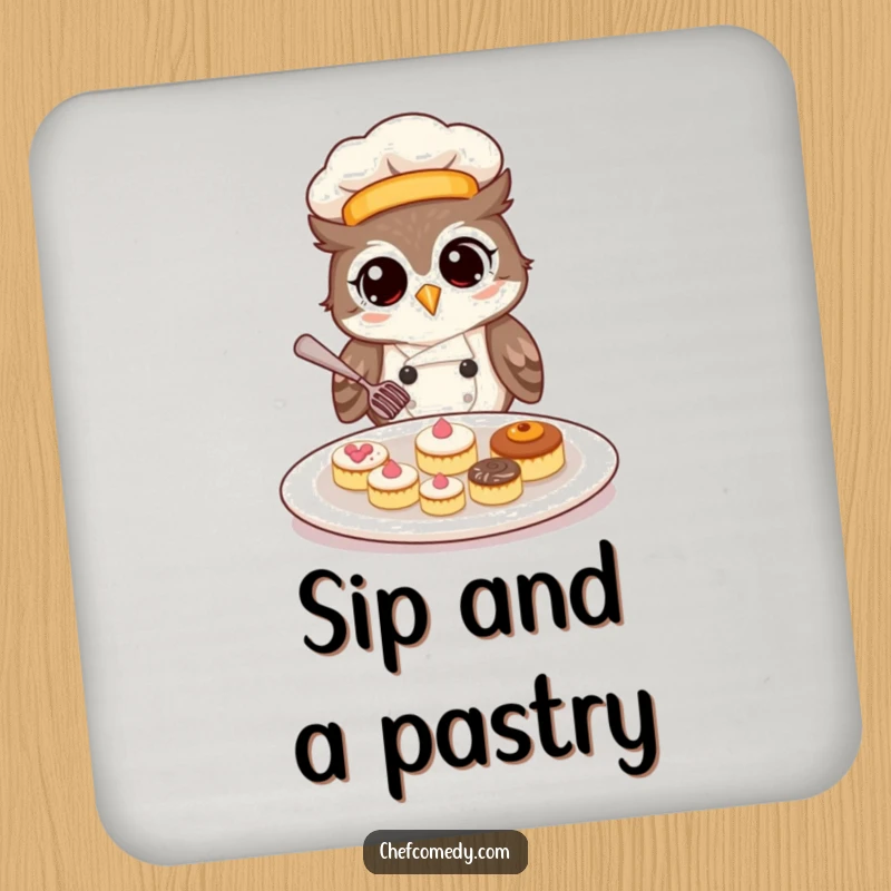 Set of coasters featuring a funny owl chef meticulously arranging pastries, offering both protection and humor.