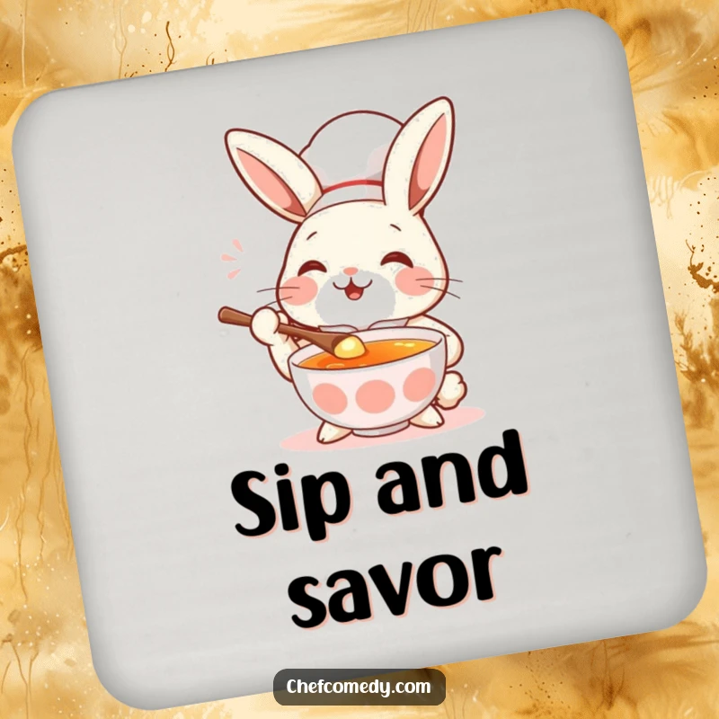 Funny rabbit chef tasting soup with a spoon, a look of pure delight, a humorous drink coaster.