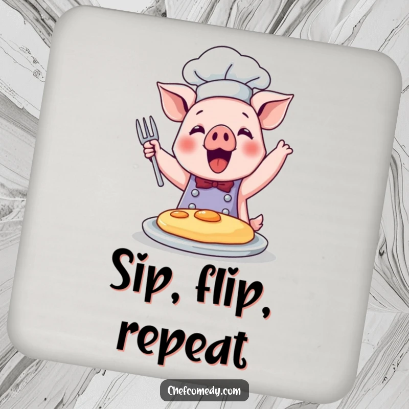 Funny drink coaster featuring a cute pig chef joyfully flipping a pancake, protecting surfaces with humor.