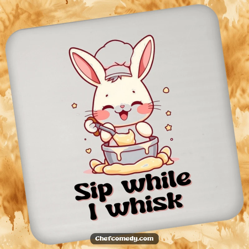 Funny drink coaster with an energetic rabbit chef character mixing batter, protecting surfaces with a charming and humorous design.