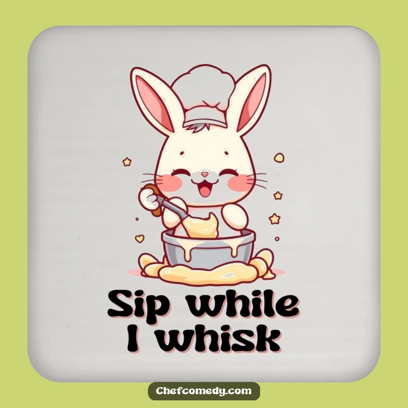 Funny Rabbit Chef Coaster: Energetic Batter Mixing Character, Chic Funny Gift for Kitchen Tables