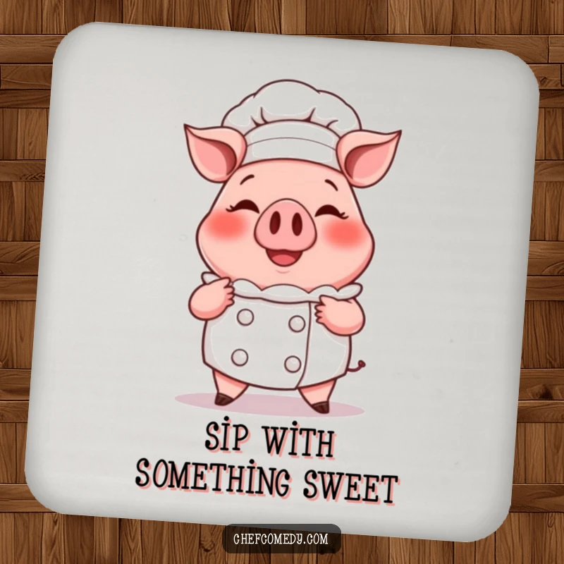 Funny drink coaster featuring a smiling cartoon pig chef proudly presenting a steaming cupcake, adding a sweet touch.