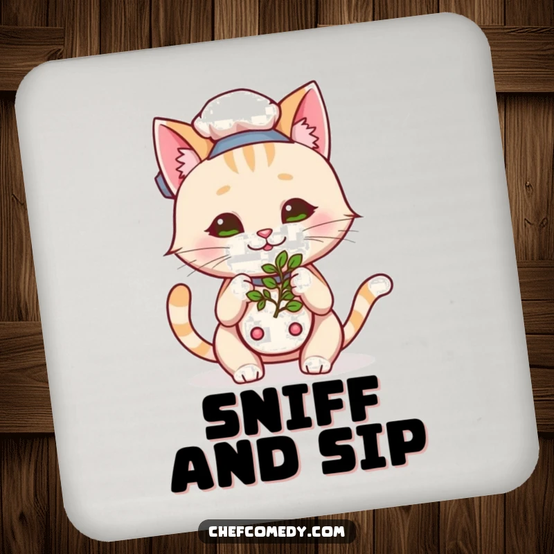 Funny Kawaii Cat Chef Herb Coaster, a cute cartoon cat smelling herbs, functional and humorous protection for tabletops.