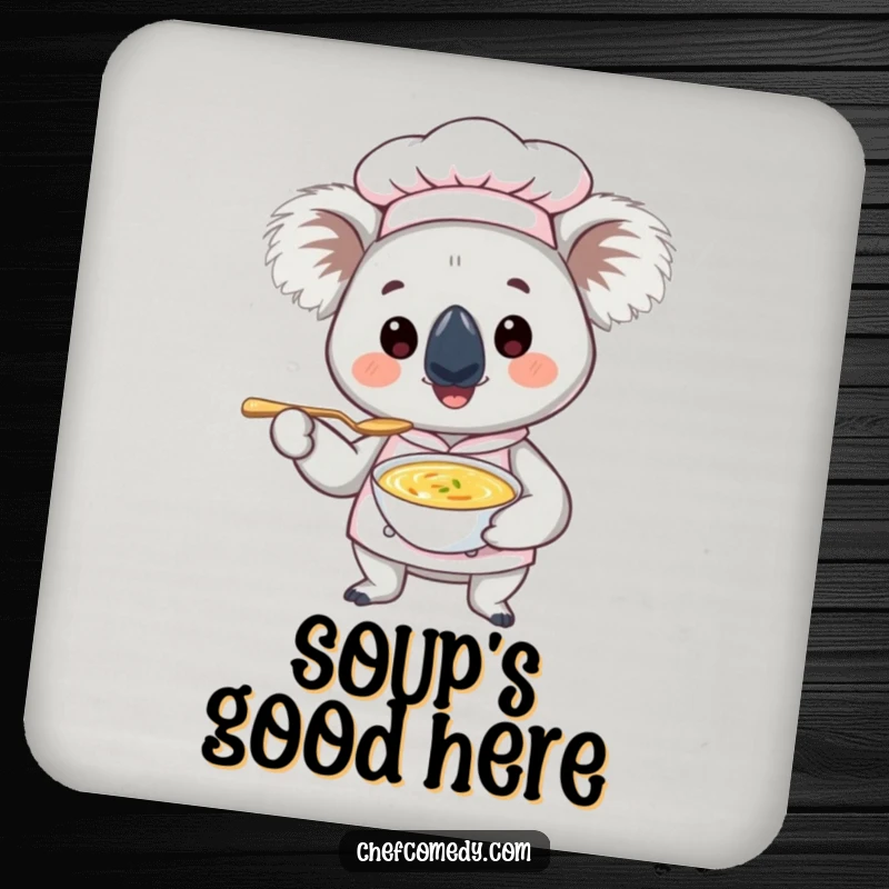 Funny Koala Chef Coaster: A cute koala chef offering a tiny spoon of soup, protecting surfaces with a smile and humor.