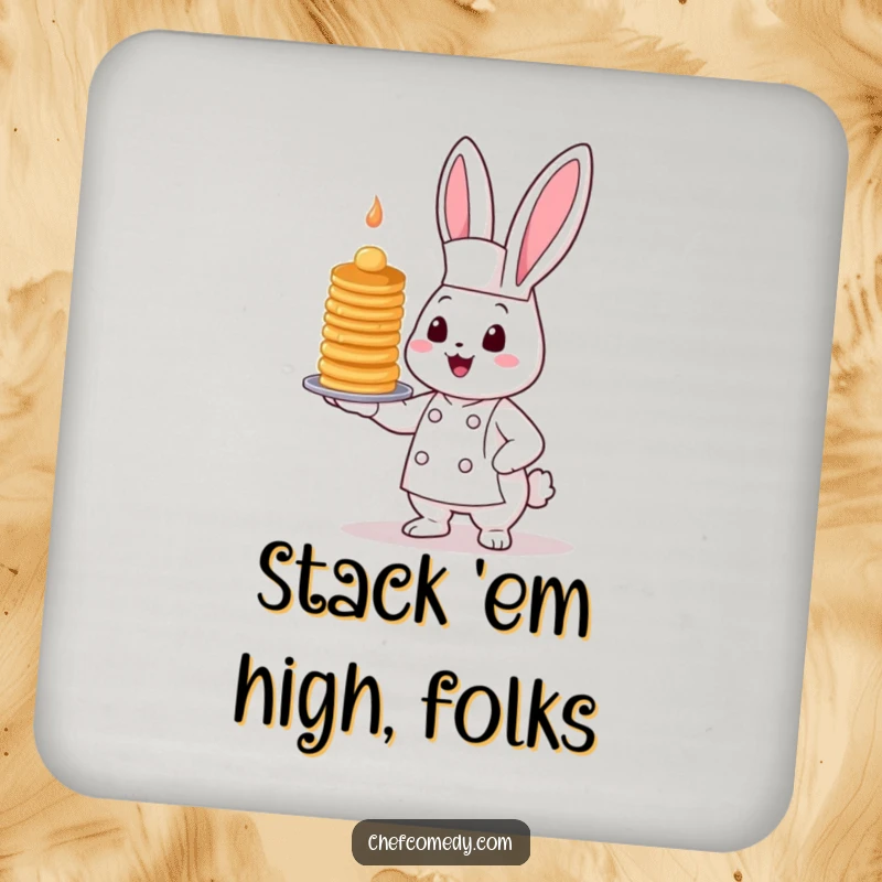 Funny Kawaii Bunny Chef Coaster featuring a cute bunny chef holding a tall, wobbly pancake stack, protecting surfaces.