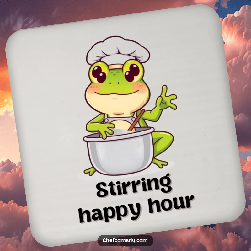 Funny Kawaii Frog Chef Drink Coaster: A smiling frog chef character is ready to stir up fun, protecting surfaces with culinary cuteness.