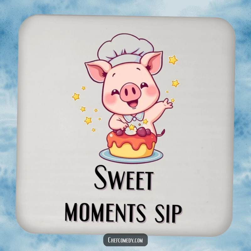 Funny Pig Chef Coaster: A pig chef excitedly sprinkles shining stars onto a dessert, adding charm and protection.