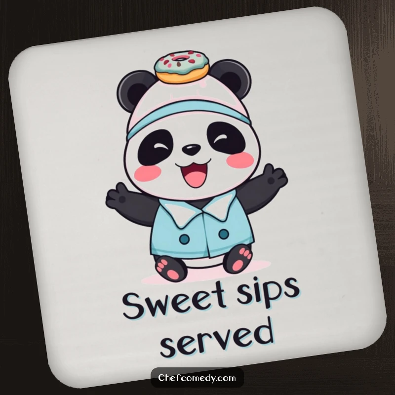 Funny panda chef character balancing donuts, protecting surfaces with these humorous and functional drink coasters.