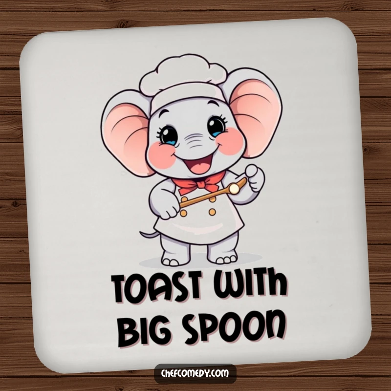 Funny Elephant Chef Coaster: Happy elephant chef holding a giant spoon, protecting surfaces with cheerful humor.