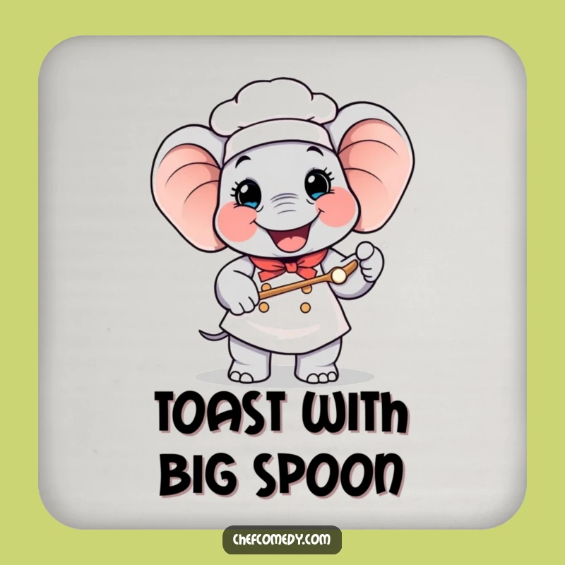 Funny Elephant Chef Coaster: Happy Baker Holding Giant Spoon, Kitchen Decor Gift