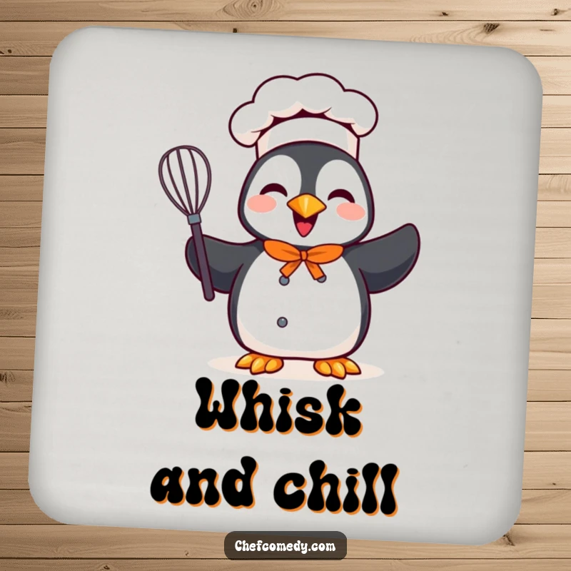 Funny drink coasters featuring a cheerful penguin chef character holding a whisk, offering protection with culinary cheer.