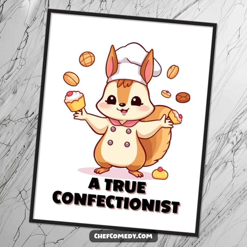 Funny Kawaii Squirrel Chef Poster: A dynamic kawaii squirrel chef humorously juggles a delightful assortment of miniature baked goods, adding fun art.