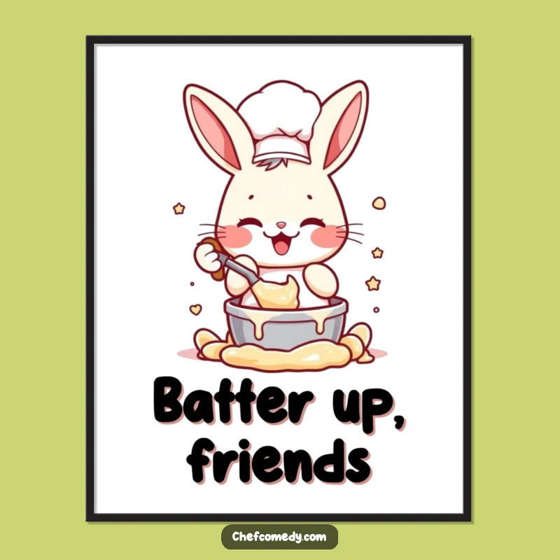 Funny Rabbit Chef Poster: Enthusiastic Batter Mixing Character, Whimsical Funny Gift for Kitchen Decor