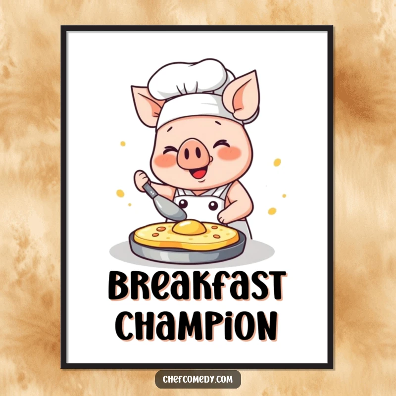 Funny kawaii pig chef poster, a happy pig intensely flipping a pancake with glee, bright kitchen wall art.