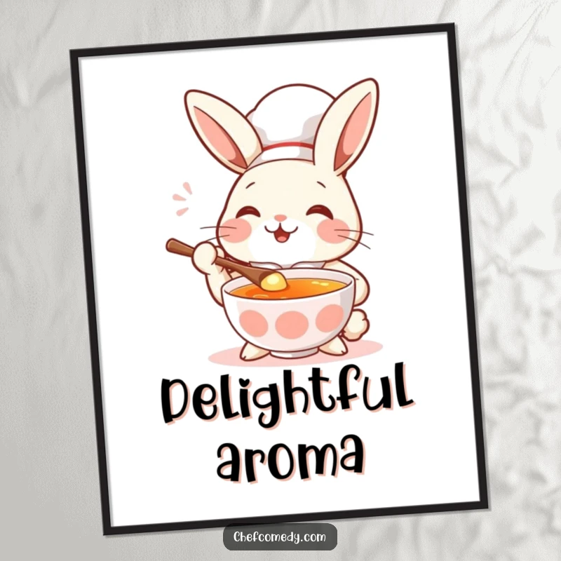 Funny rabbit chef with a spoon tasting soup, eyes closed in delight, humorous kitchen art.