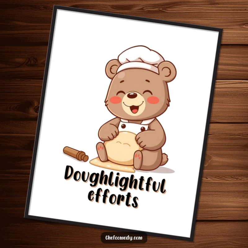Funny poster illustrating a bear chef with a joyful giggle, focused on kneading a large portion of dough.