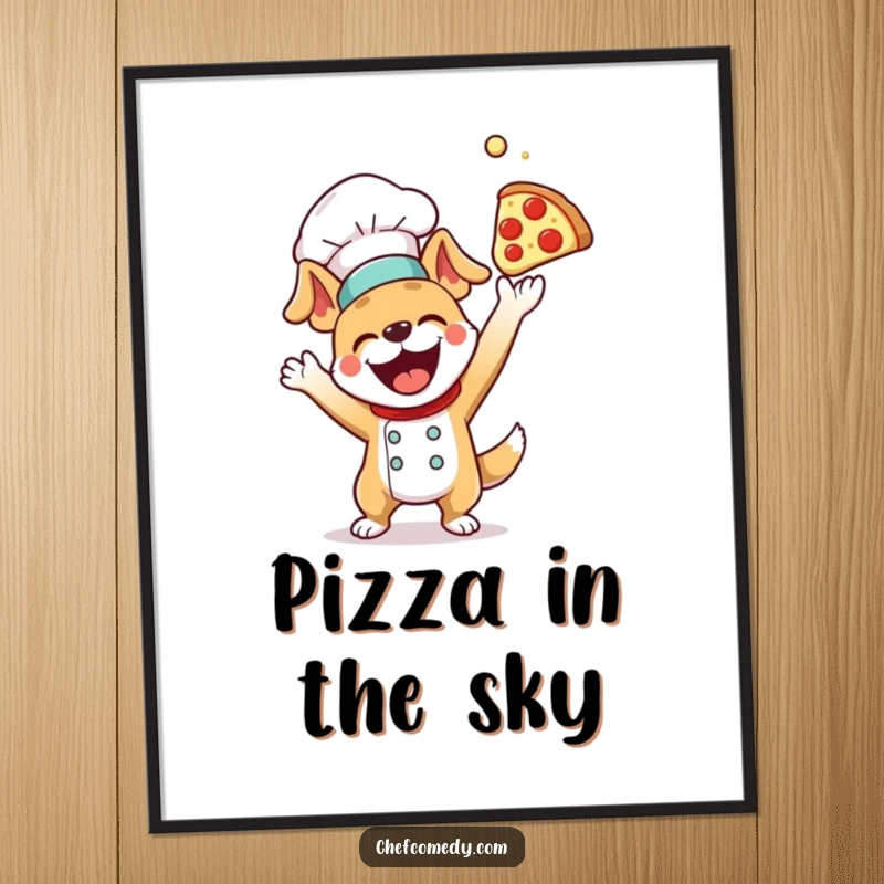 Playful dog chef energetically tossing a pizza dough towards the sky, a fun and humorous poster for kitchen or dining areas.