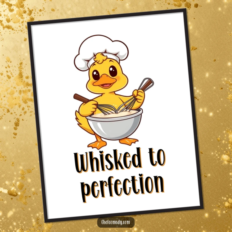 Funny poster illustrating a dedicated duck chef energetically whisking a bowl of batter, ideal for charming kitchen decor.