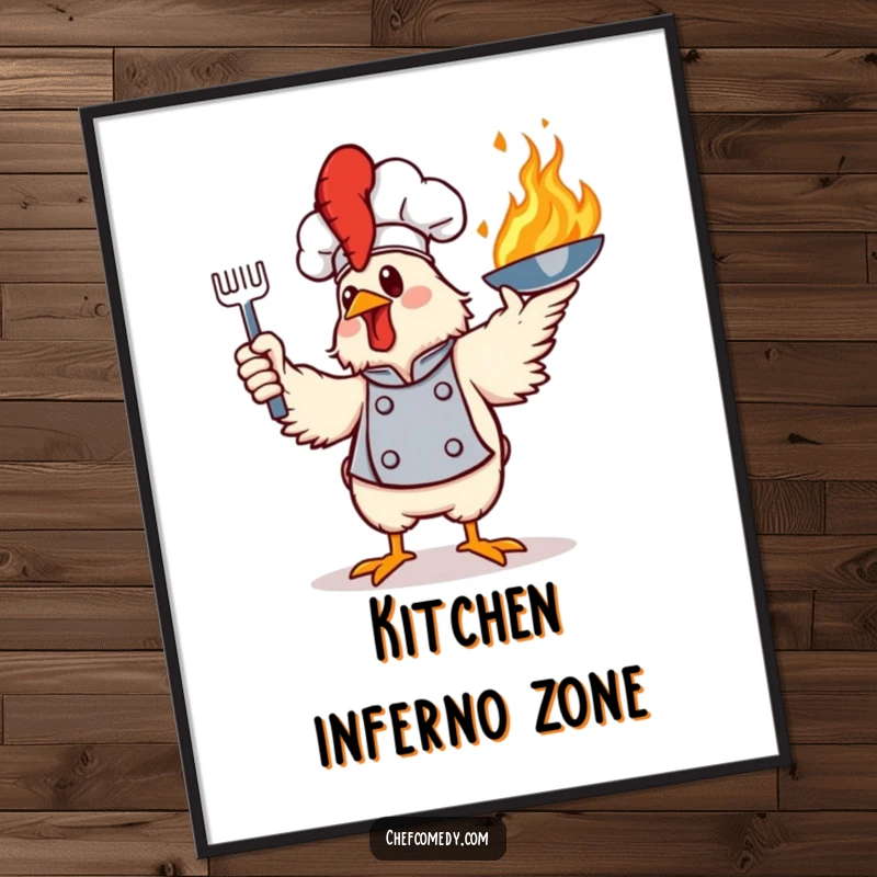 Funny poster illustrating a brave chicken chef executing a dramatic toss of a flaming frying pan, ideal for wall art.