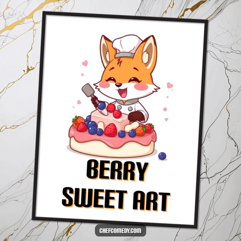 Funny fox chef busy decorating a cake with a pile of berries, a humorous kitchen art print.