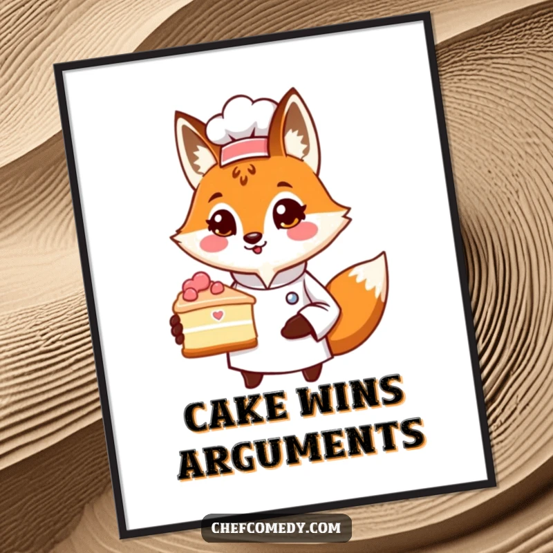 Funny poster of a proud fox chef character presenting a slice of cake, adding an elegant and humorous touch to decor.