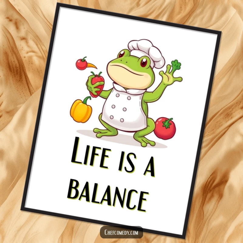 Funny frog chef character performing a vegetable juggling act, with a cheerful expression, as a decorative poster.
