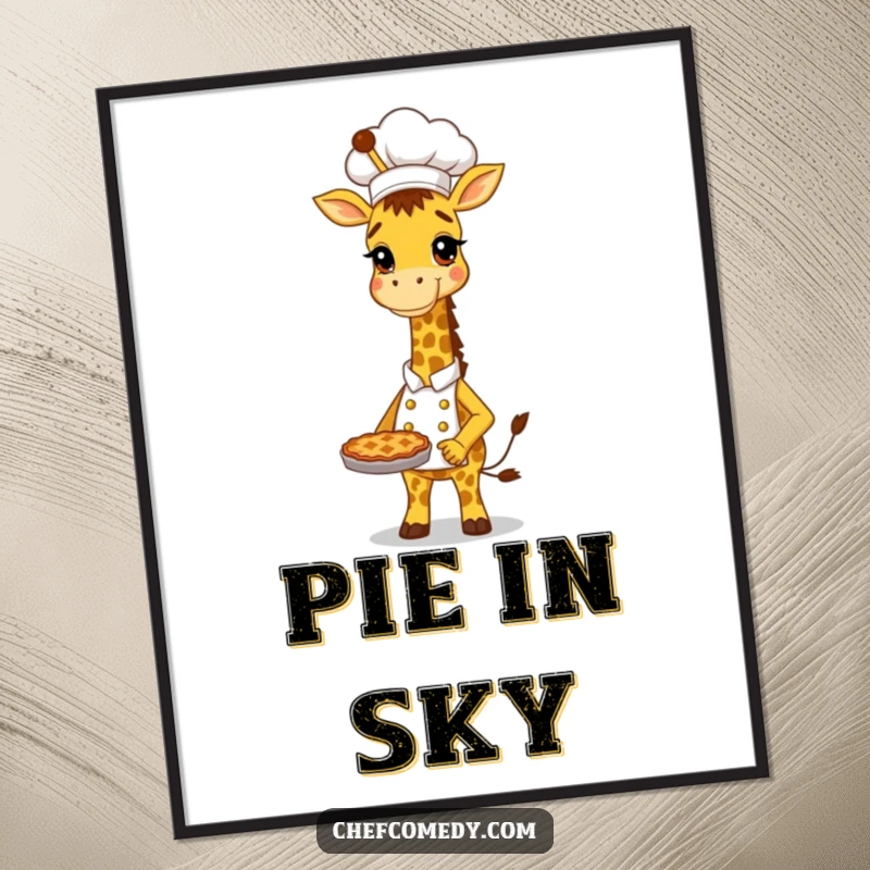 Funny Giraffe Chef Poster: Tall, proud giraffe baker holding a delicious pie, adding whimsical humor to wall decor.
