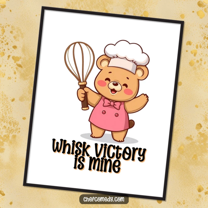 Funny Kawaii Bear Chef Trophy Poster, a joyful cartoon bear holding a giant whisk like a prize, humorous and inspiring wall art.