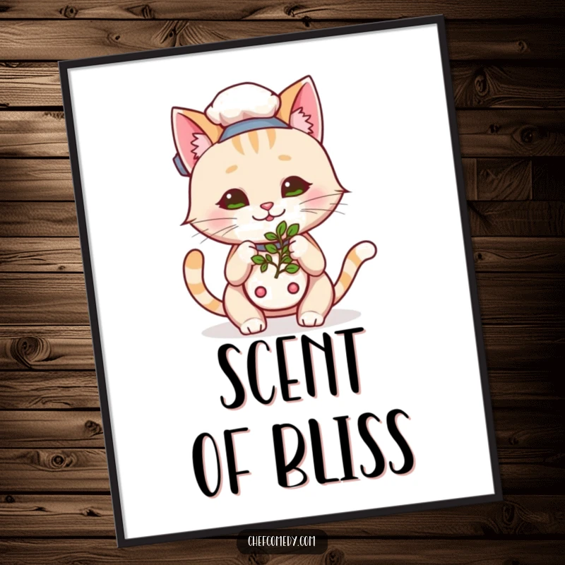 Funny Kawaii Cat Chef Herb Poster, a happy cartoon cat curiously sniffing aromatic herbs, charming and humorous wall art.