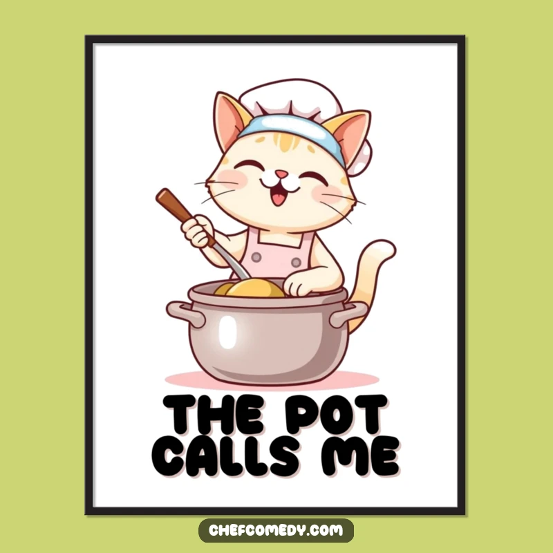 Funny Kawaii Cat Chef Poster - Giant Pot Stirring - Adorable Culinary Art