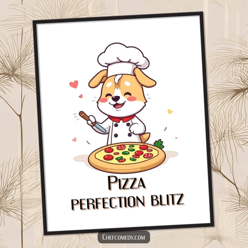 Funny Kawaii Dog Chef Pizza Poster, a lively cartoon dog artist in the act of fast pizza decoration, humorous wall art.