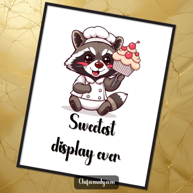 Funny Kawaii Raccoon Chef Poster: A cute raccoon chef proudly displays a large, decorated cupcake, adding a sweet and humorous touch to walls.