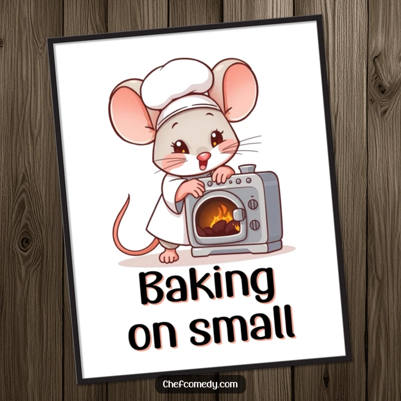 Funny mouse chef character fanning a tiny oven with great effort, detailed illustration, great for kitchen decor.