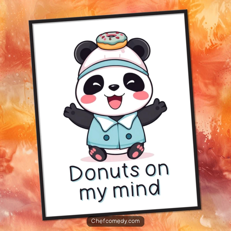Funny panda chef character balancing a stack of colorful donuts, creating sweet kitchen wall art.