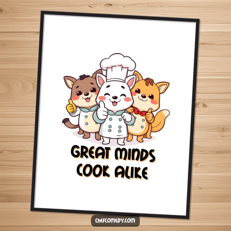 Funny ensemble of various animal chefs giving a unanimous thumbs up, symbolizing approval and deliciousness, on a wall poster.