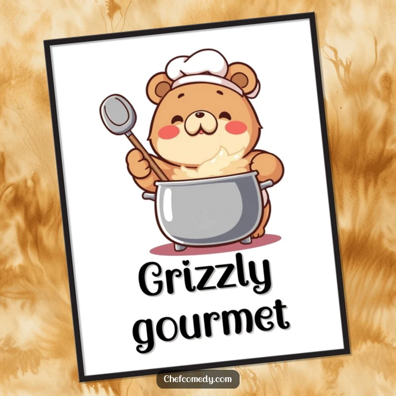 Funny Bear Chef Poster: An enthusiastic bear stirs a bubbling pot, bringing rustic humor to decor.